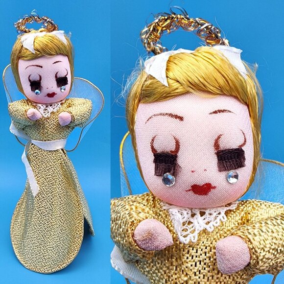 1960s Gold Stockinette Angel Tree Toppers Pair Rhinestone Tears Tulle Wings Gold - Picture 3 of 10